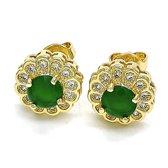 14K Gold Emerald Flower Stud Earring With Micro Pave