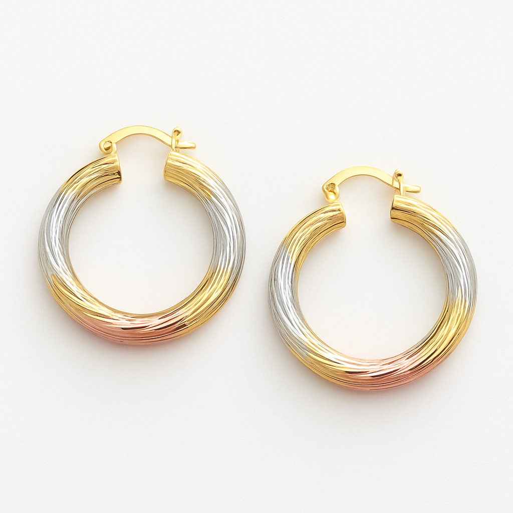 Giovani GOLD NYC 18K Gold Dimond Cut Tricolor Hoop Earrings – 30mm Elegant Italian Style Hoops