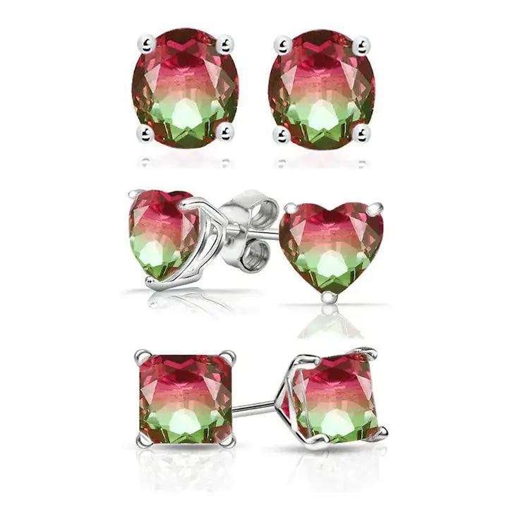 .925 Sterling Silver Watermelon Tourmaline Round-, Heart-, Princess-Cut Earrings