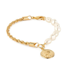Giovani GOLD NYC 18K Gold Rope & Pearl Bracelet with Coin Charm - 8 Inches