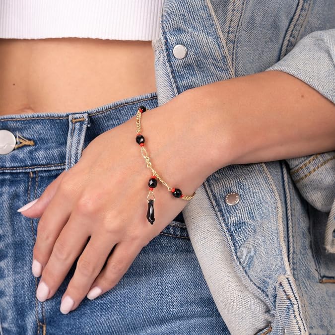 Giovani GOLD NYC 18K Gold Figaro Azabache Bracelet - Made In Brazil 6''