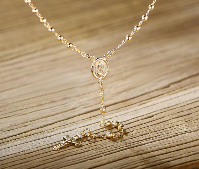 Giovani GOLD NYC Unisex 14K Gold Virgin Mary Rosary Bead Cross Necklace 18''