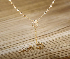 Giovani GOLD NYC Unisex 14K Gold Virgin Mary Rosary Bead Cross Necklace 18''