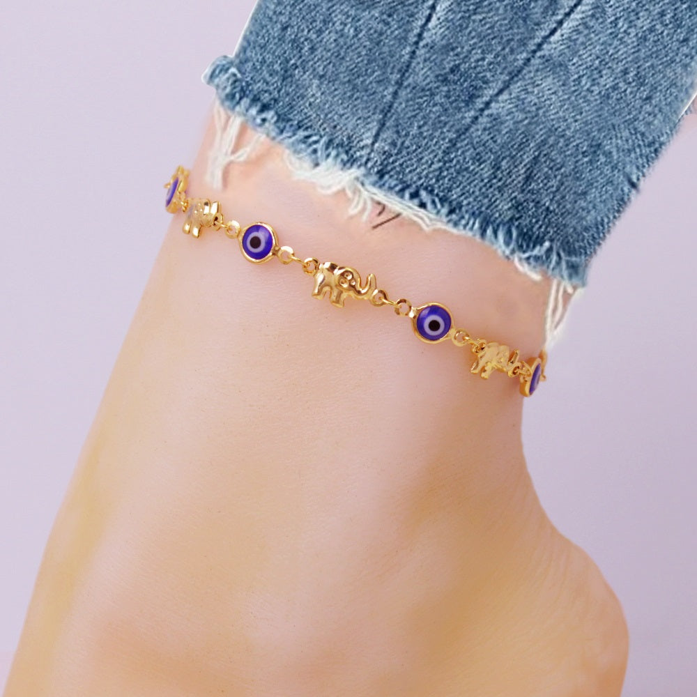 Giovani GOLD NYC 18K-Gold-Plated Elephant Blue Evil Eye Crystal Anklet