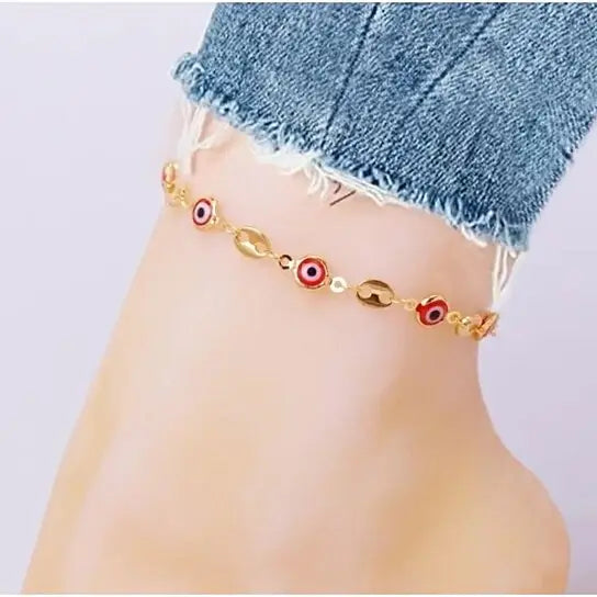 Giovani GOLD NYC 18K Gold Plated Mariner Chain Anklet with Red Evil Eye Crystal Charm