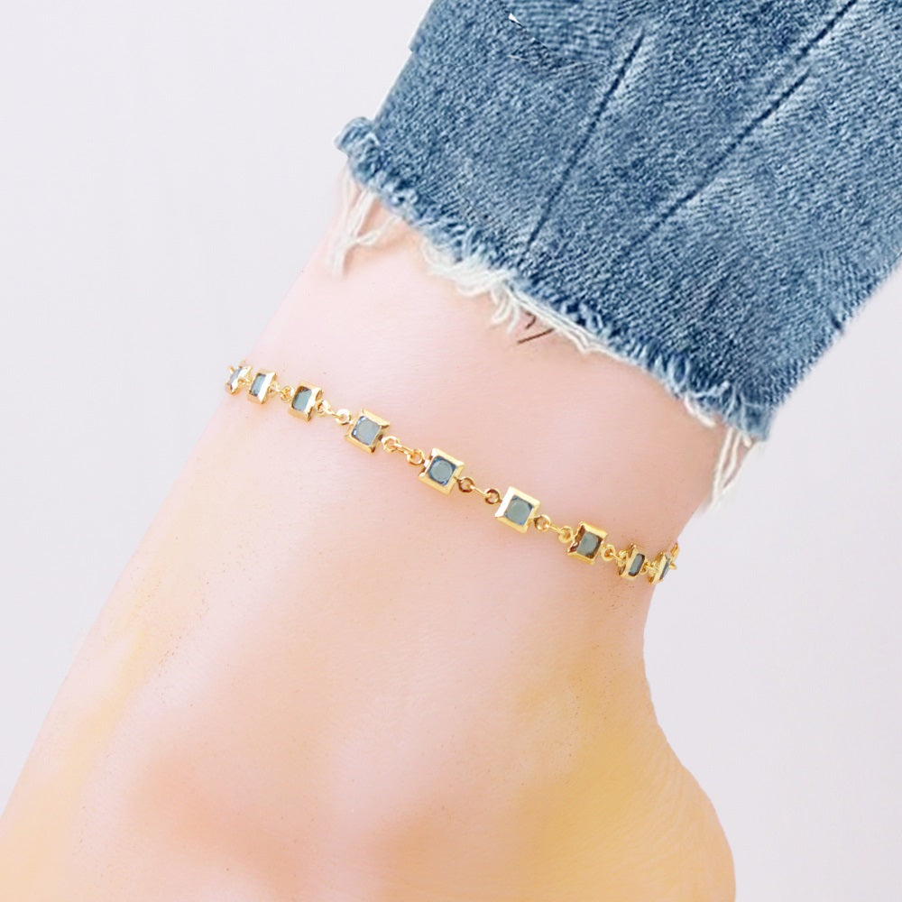 Giovani GOLD NYC 18K-Gold-Plated Light Blue Square-Crystal Anklet