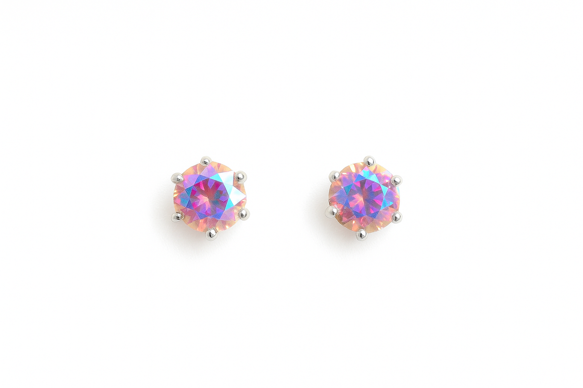 Giovani Iridescent Pink Aurora Stud Earrings – Radiant Sparkle in Silver Setting