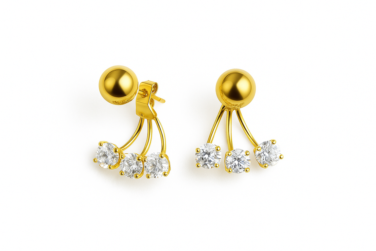 Giovani Gold Triple Diamond Drop Earrings – Elegant Modern Statement Studs