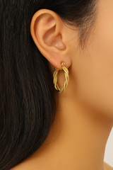 18K Gold Medium Hoop Earrings – Elegant Twist Design, Polished Golden Finish