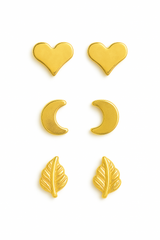 Giovani Elegant Gold Stud Earring Set – Heart, Moon & Leaf Designs