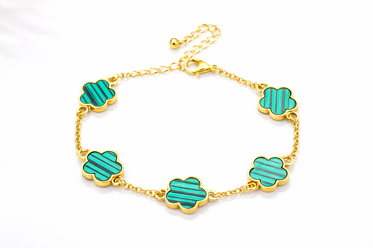 18K Gold Plated Clover Charm Bracelet – 6.5" with 2" Extension, 7 Color Options