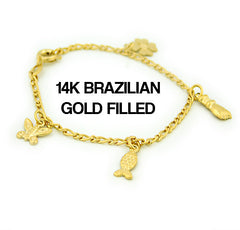 14k Brazilian Gold Filled Figaro Butterfly Fish Flower Fist Charm Bracelet 5''