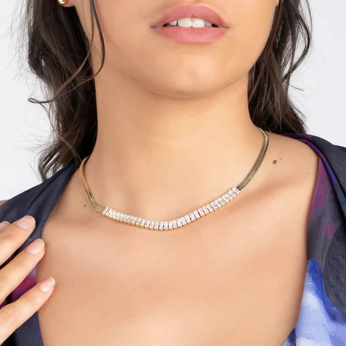18K Gold Crystal Herringbone Necklace