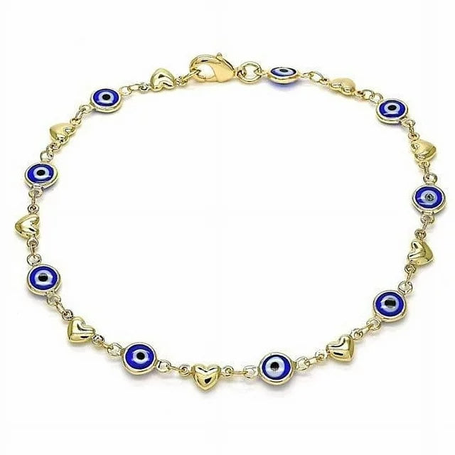 Giovani GOLD NYC 18K Gold Women’s Heart & Blue Evil Eye Anklet – 10" Ankle Bracelet with Lobster Clasp Closure