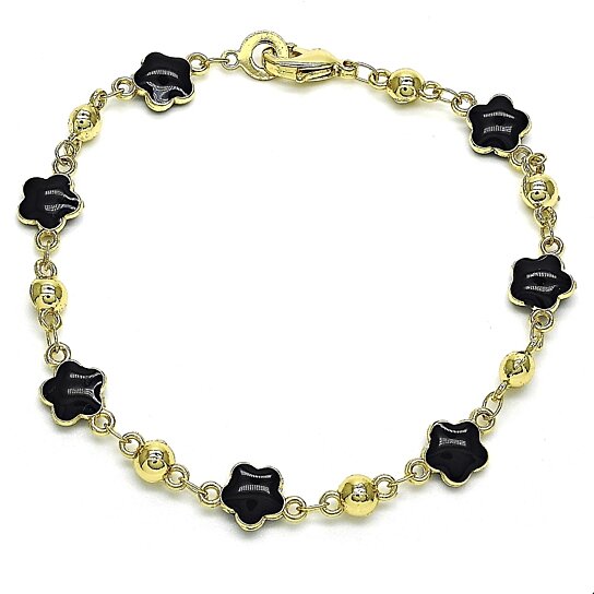 Giovani GOLD NYC 14K Gold High Polish Finish Black Enamel Flower Bracelet 8 Inches Women Teens