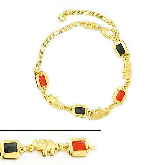 Giovani GOLD NYC 14K GOLD FILLED LINK AZABACHE RED AND BLACK ELEPHANT FIGARO BRACELET 7.5"
