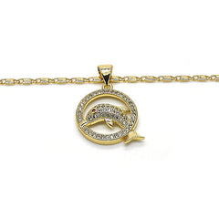 Giovani GOLD NYC Gold Filled High Polish Finish Fancy Necklace, Dolphin Design, with Garnet and White Micro Pave, Polished Finish, Golden Tone