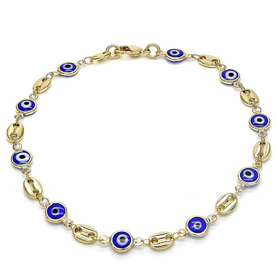 Giovani GOLD NYC 18K WOMEN'S GOLD FILLED HIGH POLISH FINSH MARINER MARINA-BLUE EVIL EYE LOBSTER CLASP ANKLE BRACELET 10'' INCH