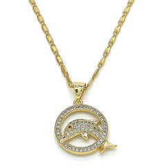 Giovani GOLD NYC Gold Filled High Polish Finish Fancy Necklace, Dolphin Design, with Garnet and White Micro Pave, Polished Finish, Golden Tone