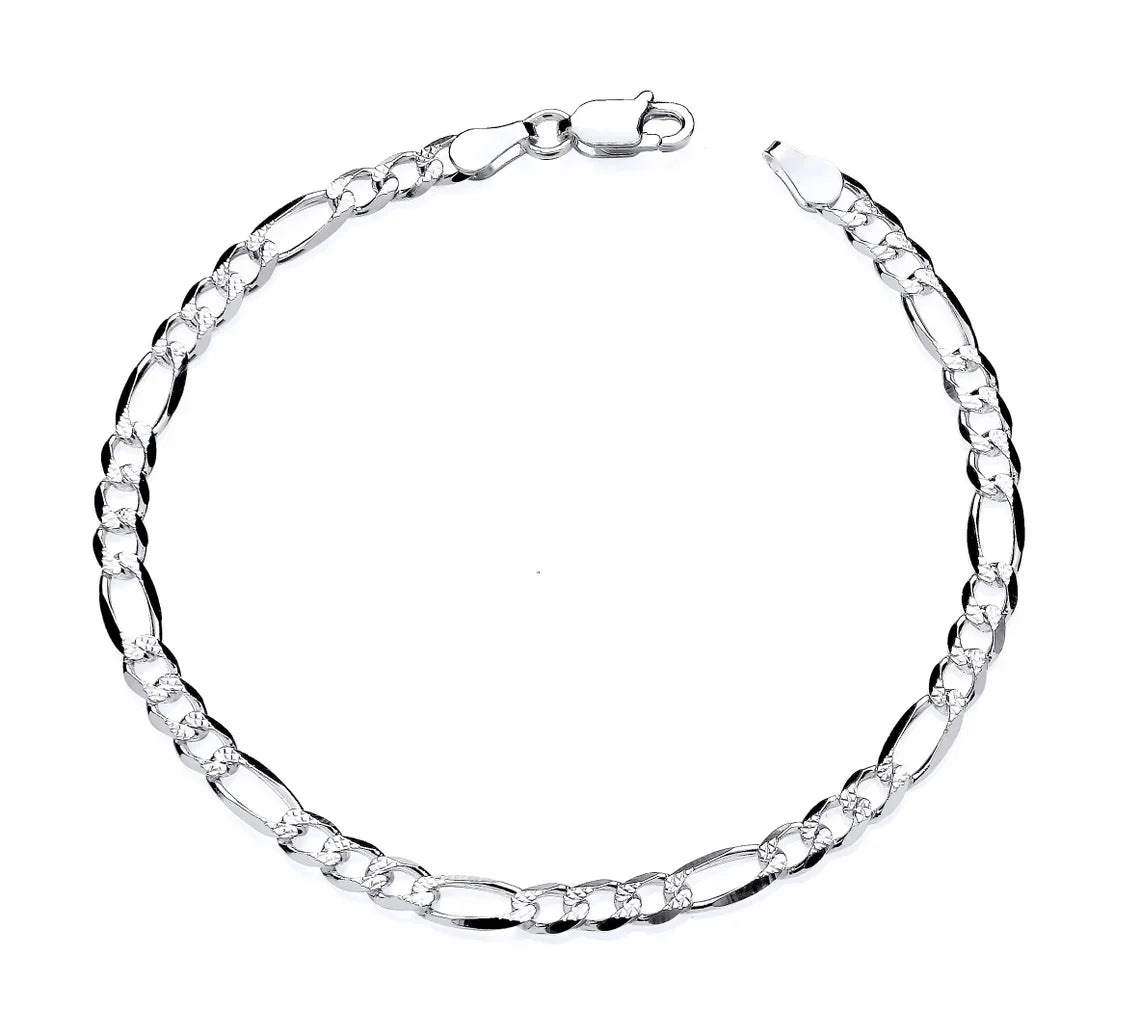 Giovani Sterling Silver 7inch Figaro Bracelet - Diamond Cut Finish - Solid 925 Silver 3MM