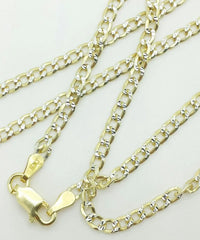 925 Sterling Silver Italian Solid Yellow Pave Cuban Curb Link Chain 16"-24" 2mm