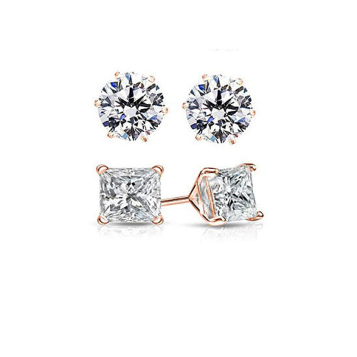 Giovani GOLD NYC 2 Pairs: Round and Princess Cut Rose Gold Stud Earrings
