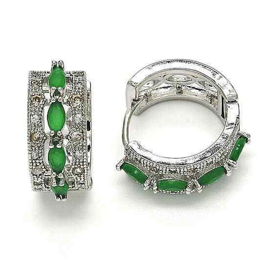 Silver Huggie Earring with Oval Emerald Colored Stones