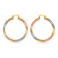Giovani GOLD NYC 18K Gold Tri-Color Twist Diamond-Cut Hoop Earrings – 50mm