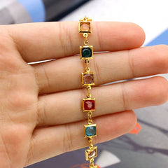 18K Gold Plated Gold And Multi Color Dark Square Crystal Ank