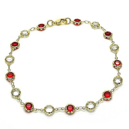 18K Gold Plated Gold Crystal Red and White Round Anklet 10''