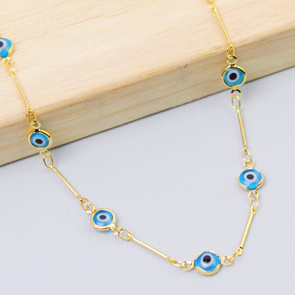 18K Gold Plated Bar Style LightBlue Evil Eye Crystal Anklet