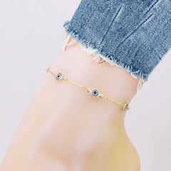 18K Gold Plated Bar Style LightBlue Evil Eye Crystal Anklet