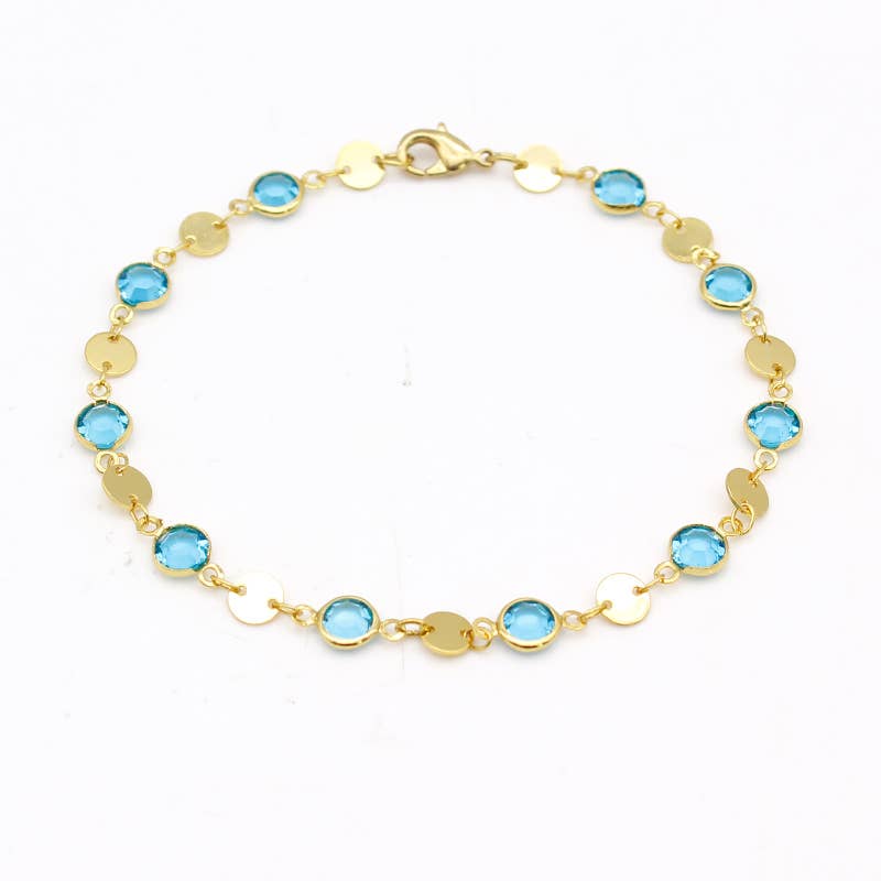 18K Gold Plated High Polish Finish Aquamarine Crystal Ankle