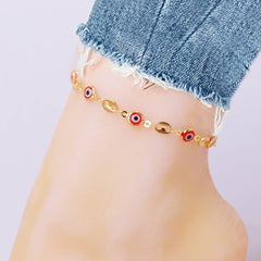 18K Gold Plated Mariner Red Evil Eye Crystal Anklet