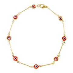 18K Gold Plated Bar Style Red Evil Eye Crystal Anklet