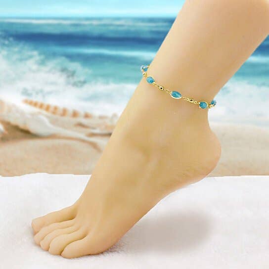 High Polish Finish Aquamarine Oval Crystal Ankle Bracelet