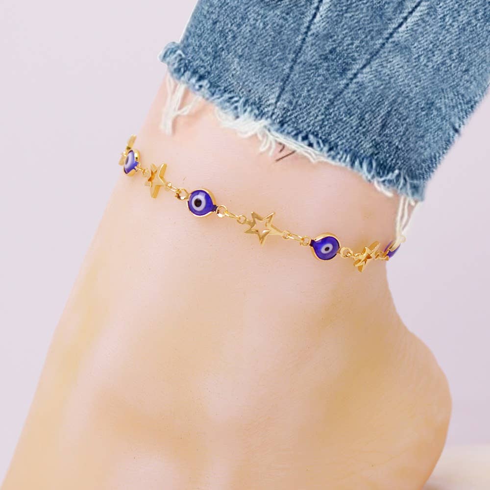 18K Gold Plated Star Blue Evil Eye Crystal Anklet