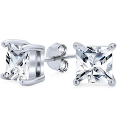 Solid Sterling Silver White Topaz Princess Cut Square Studs